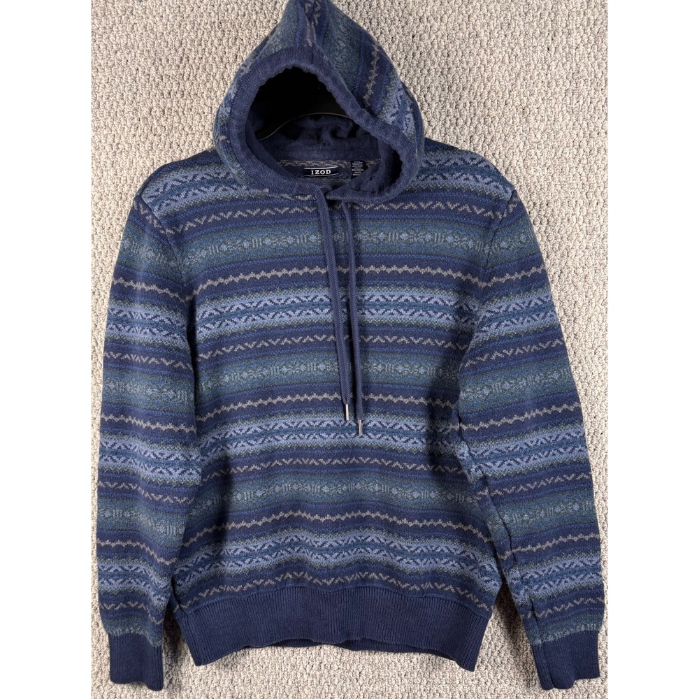 IZOD Fair Isle Knit Hoodie Sweater XL Blue Gray Nordic Geometric Pullover
